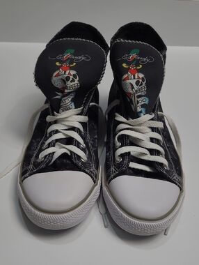 Ed Hardy Black & White Skull Graphic High-Top Sneakers - Size 11